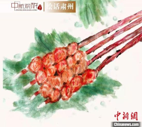 圖為酒泉美食“紅柳烤肉”繪畫作品?！《排d彥 攝