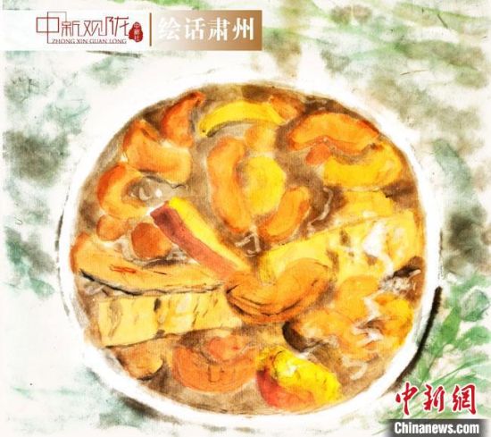 圖為酒泉美食“糊鍋”繪畫作品?！《排d彥 攝