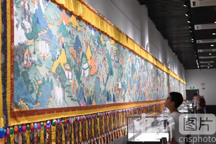 圖為一名小朋友觀看唐卡《涼州會(huì)盟》。 中新社記者 戴文昌 攝